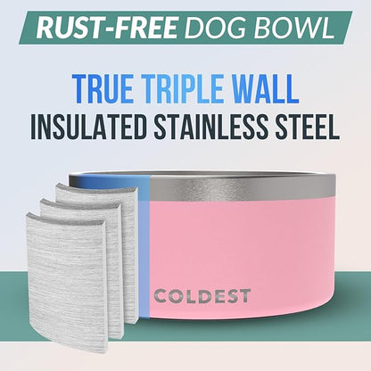 Coldest Dog Bowl - Anti Rust Metal, Non Slip, 3 Layers Insulated Stainless Steel Dog Bowls - Spill Proof &amp; Heavy Duty - Water Bowl for Dogs, Cats &amp; Pets, Dish Washer Safe (200 oz, Cotton Candy Pink)