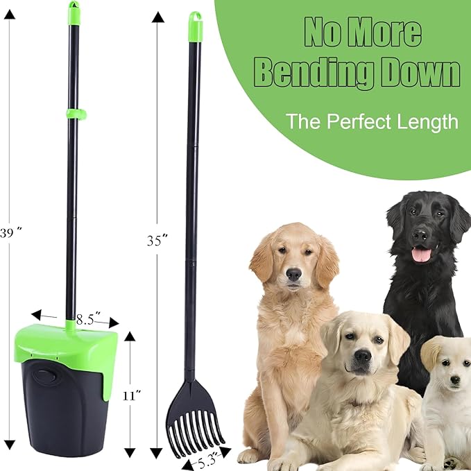 Pooper Scooper Large Swivel Bin &amp; Rake with 160 Waste Bags,Heavy Duty Dog Pooper Scooper with Bag Attachment for Large Small Dogs, Long Handle Poop Scooper with Lid for Yard, Grass, Gravel (Green)