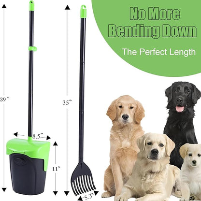 Pooper Scooper Large Swivel Bin &amp; Rake with 160 Waste Bags,Heavy Duty Dog Pooper Scooper with Bag Attachment for Large Small Dogs, Long Handle Poop Scooper with Lid for Yard, Grass, Gravel (Green)