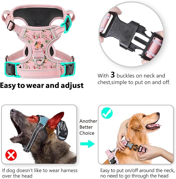 Timos No Pull Dog Harness,NO Need Go Over Dogs Head 3 Snap Buckles Reflective Oxford No Choke Harness with Front &amp; Back 2 Metal Leash Clips Soft Padded for Small Medium Large Dogs Pink S