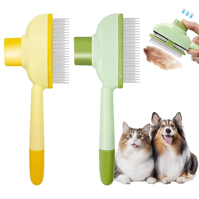 Flea Combs for Cats and Dogs with Release Button,Long &amp; Short Stainless Steel Teeth for Deshedding, Fine Tooth Pet Brushes for Grooming Pet Hair Removal for Long and Short Hair 2 Pack
