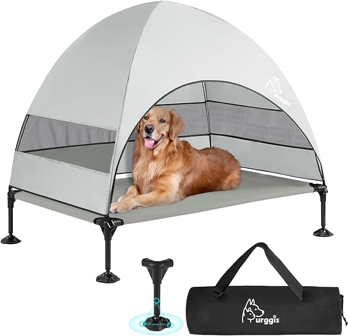 Upgraded Elevated Dog Bed with Canopy, Portable Raised Outdoor Dog Bed with Stable Anti-Slip Feet, Removable Wider Shade, Raised Dogs Cot for Large Pets Camping, Indoor &amp; Outdoor Use