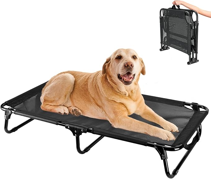 Elevated Dog Bed, Foldable Pet Bed with No Assembly, Cooling Raised Bed with Breathable Mesh, No-Slip Feet Durable Dog Cots Beds for Indoor &amp; Outdoor Use, Black (L:43"x23"x7")