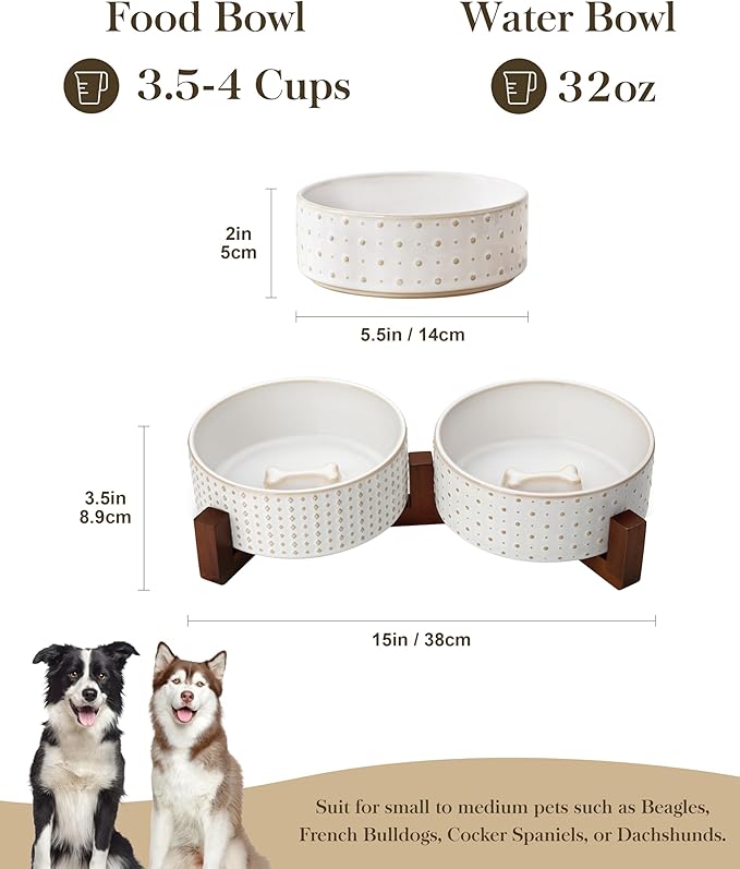 MALACASA Dog Bowl Set with Walnut Wood Stand, 3.5 Cups Ceramic Pet Bowls for Puppy Dogs, Dual Food and Water Bowls with Weighted Non-Slip Base, Basic Bowls for Your Dog or Cat, Rhombic &amp; Polka Dots