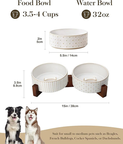 MALACASA Dog Bowl Set with Walnut Wood Stand, 3.5 Cups Ceramic Pet Bowls for Puppy Dogs, Dual Food and Water Bowls with Weighted Non-Slip Base, Basic Bowls for Your Dog or Cat, Rhombic &amp; Polka Dots
