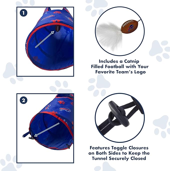 NFL Buffalo Bills Cat Tunnel Tube Toy with Plush Football Catnip and Feathers Collapsible Tunnel for Cats to Play, Peek and Hide, Sporty &amp; Fun Cat Tunnel Toy with Team Logo All-Over Design!