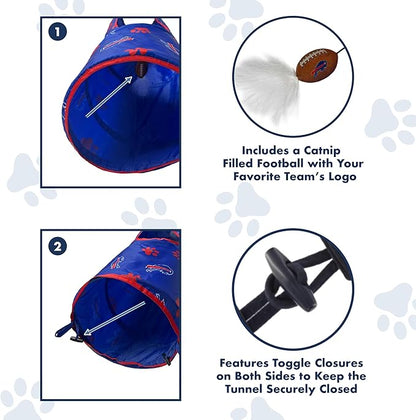 NFL Buffalo Bills Cat Tunnel Tube Toy with Plush Football Catnip and Feathers Collapsible Tunnel for Cats to Play, Peek and Hide, Sporty &amp; Fun Cat Tunnel Toy with Team Logo All-Over Design!