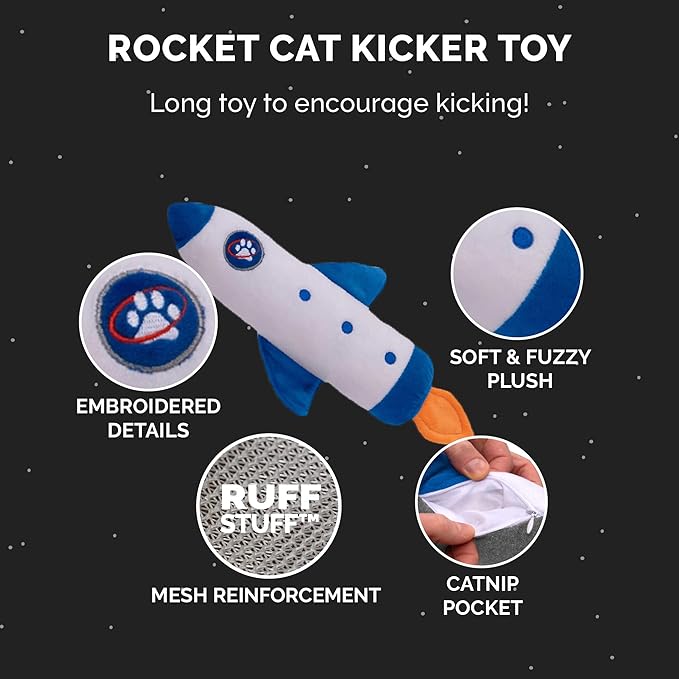 Furhaven Plush Cat Toy w/ Catnip for Indoor Cats, Washable &amp; Durable w/ Refillable Catnip Pocket - Rocket Kicker Plush Toy - White/Blue, One Size