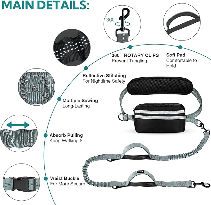Hands Free Dog Leash with Pouch, Adjustable Waist Belt with Double Padded Handles, Waist Leash for Dog Walking, Dog Leash with Bungee for Medium &amp; Large Dog, Dog Walking Accessories, Olive