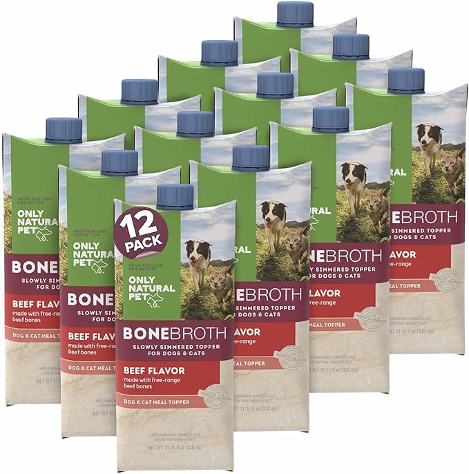 Only Natural Pet Bone Broth Beef Flavor Dog &amp; Cat Meal Topper, 100% Human-Grade Slow-Simmered, Free-Range for Dry Food or to Hydrate Dehydrated Food - (12-Pack / 11.16 oz Each)