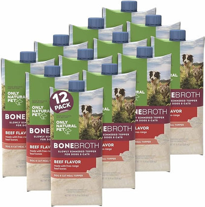 Only Natural Pet Bone Broth Beef Flavor Dog &amp; Cat Meal Topper, 100% Human-Grade Slow-Simmered, Free-Range for Dry Food or to Hydrate Dehydrated Food - (12-Pack / 11.16 oz Each)