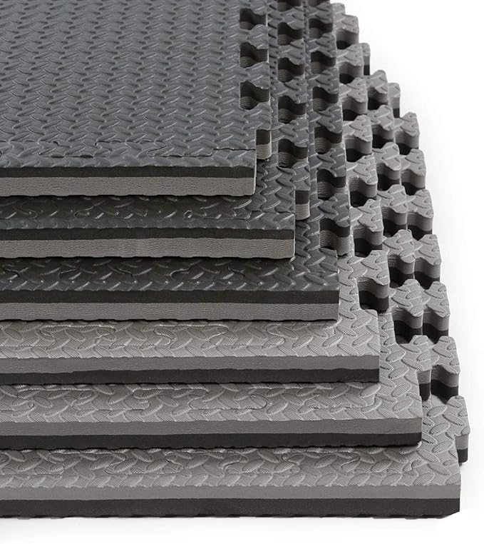 Xspec 1" Extra Thick 48 sq ft Reversible EVA Gym Foam Floor Mat Tiles (24" x 24"), Steel Pattern, 12 pcs, Black &amp; Grey