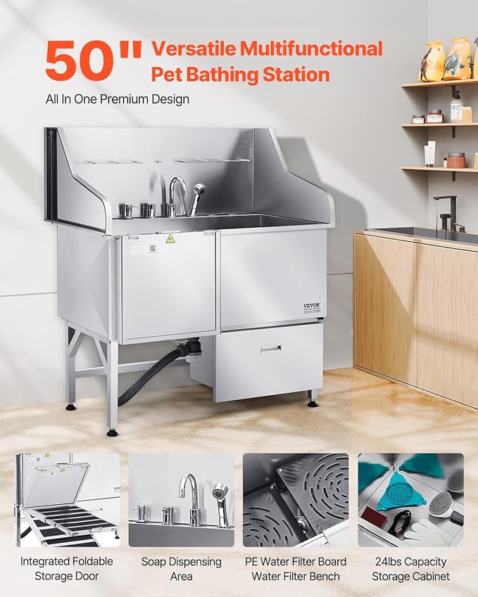 VEVOR Professional 304 Stainless Steel Dog Bathing Station, 50 inch Pet Grooming Tub w/Anti-Slip ramp, Storage Drawer, Cold Hot Faucet Showerhead, for Large &amp; Medium &amp; Small (Left Door, with Drawer)