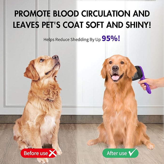 3 PCS Dog Grooming Brush Kit – Self Cleaning Slicker Brush for Shedding Short &amp; Long Haired Dogs &amp; Cats. Removes Loose Fur, Undercoat, Mats, Tangles for Small, Medium &amp; Large Pets. Purple