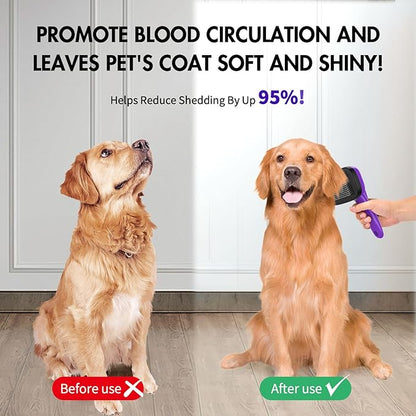 3 PCS Dog Grooming Brush Kit – Self Cleaning Slicker Brush for Shedding Short &amp; Long Haired Dogs &amp; Cats. Removes Loose Fur, Undercoat, Mats, Tangles for Small, Medium &amp; Large Pets. Purple