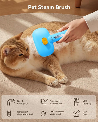 ROJECO 3-in-1 Pet Steam Brush for Cats&amp;Dogs - Detangling Comb with Adjustable Mist, Handheld Deshedding Grooming Tool for Long/Short Hair, Massage Brush &amp; Shedding Control Gift,Cordless (Blue)