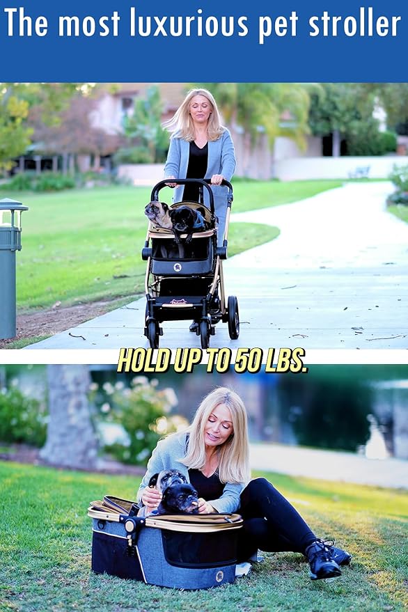 HPZ Pet Rover Prime 3-in-1 Luxury Dog/Cat Stroller (Travel Carrier +Car Seat +Stroller) with Detach Carrier/Pump-Free Rubber Tires/Aluminum Frame/Reversible Handle for Medium &amp; Small Pets (Taupe)
