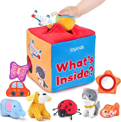 JoyCat Baby Toys 6-12 Months - Mystery Soft Box with 10 Sensory Objects, Rattle, Crinkle Paper, Mirror - What&
