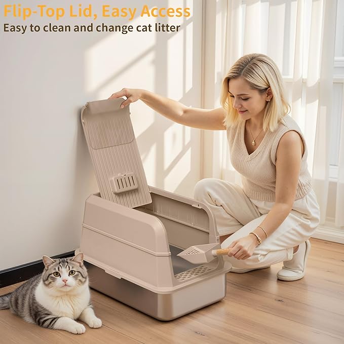 Stainless Steel Litter Box with Lid, XL Extra Large Cat Litter Box, Enclosed Metal Litter Pan with High Sided Enclosure &amp; Scoop, Anti Leakage, Easy to Clean, Odor Control(Khaki)