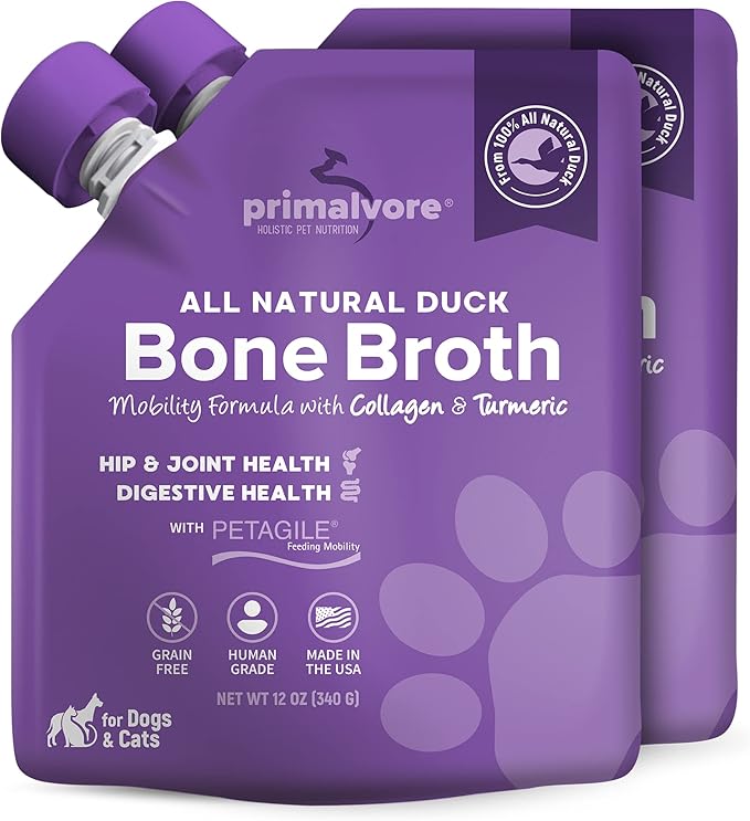 Primalvore All-Natural Duck Bone Broth for Dogs &amp;Cats, Mobility Formula w/Collagen Peptides Supports Hip &amp; Joints, Digestion, Skin&amp;Coat and Hydration, Grain Free, Human Grade, Made in USA. Duck 2 Pack