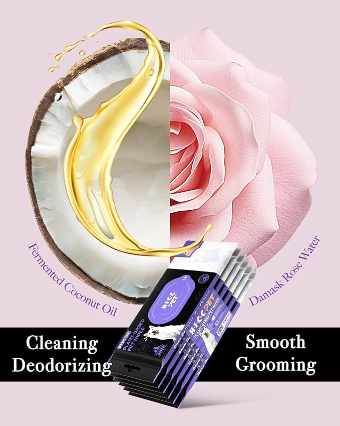 HICC PET Cleaning Deodorizing Wipes for Dogs &amp; Cats, Vet Recommended Nourishes Smoothes Fur Pet Grooming Wipes with Fermented Coconut Oil, Hypoallergenic Plant-Based Dog Wipes for Paws and Butt
