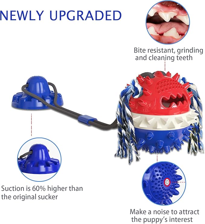 Aggressive Chewer Dog Toys - Rope Toys with Suction Cup, Teething Treats &amp; Puzzle Food Dispensing Ball (Navy Blue)