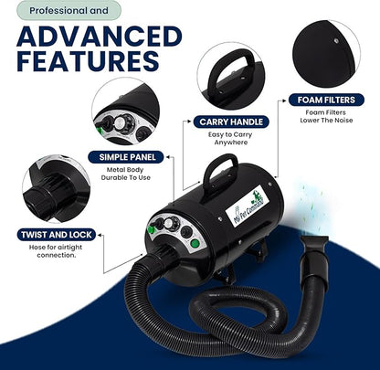 My Pet Command Dog Dryer Blower, Ultra Quiet, Professional High Velocity Blower Adjustable Hot and Cold Airflow, for Drying Deshedding with Accessories, 110V, 500W-2800W 4.5HP