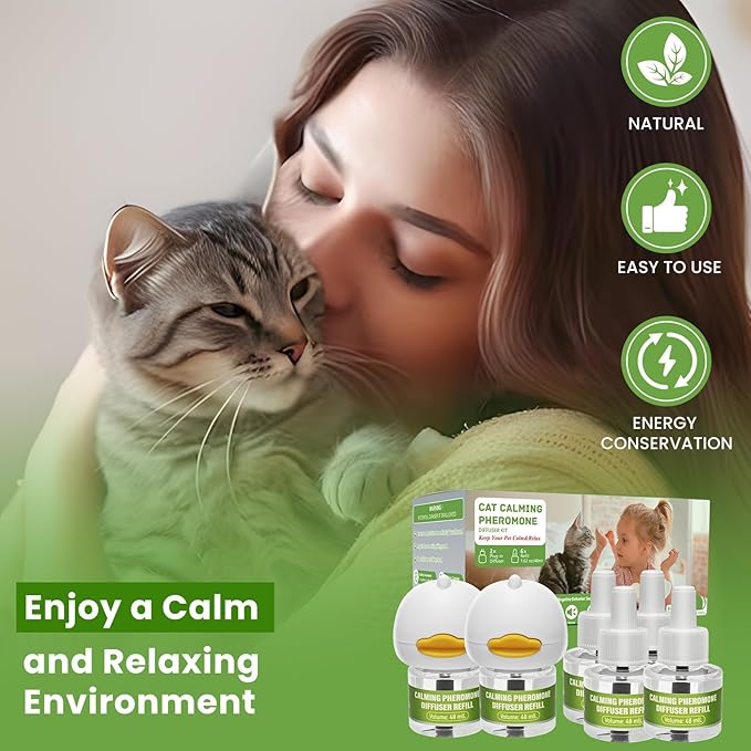 Calming Diffuser Kit for Cat, Cat Pheromone Calming Diffuser Starter Helps Ruduce Anxious, Anti-Stress &amp; Comforts Cats (2 Diffuser + 6 Refills)