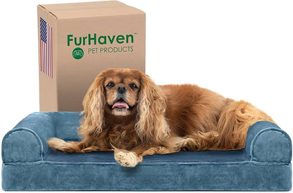 Furhaven Cooling Gel Dog Bed for Medium/Small Dogs w/ Removable Bolsters &amp; Washable Cover, For Dogs Up to 35 lbs - Faux Fur &amp; Velvet Sofa - Harbor Blue, Medium