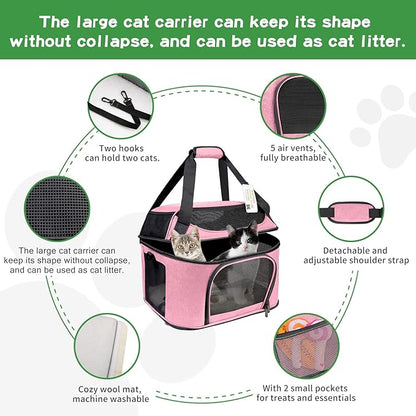 Large Cat Carrier Pet Carrier, Oeko-TEX Certified Soft Side Pet Carrier for Cat, Small Dog, Collapsible Travel Small Dog Carrier, TSA Airline Approved Cat Carrier for Cats 20 lb,Pink