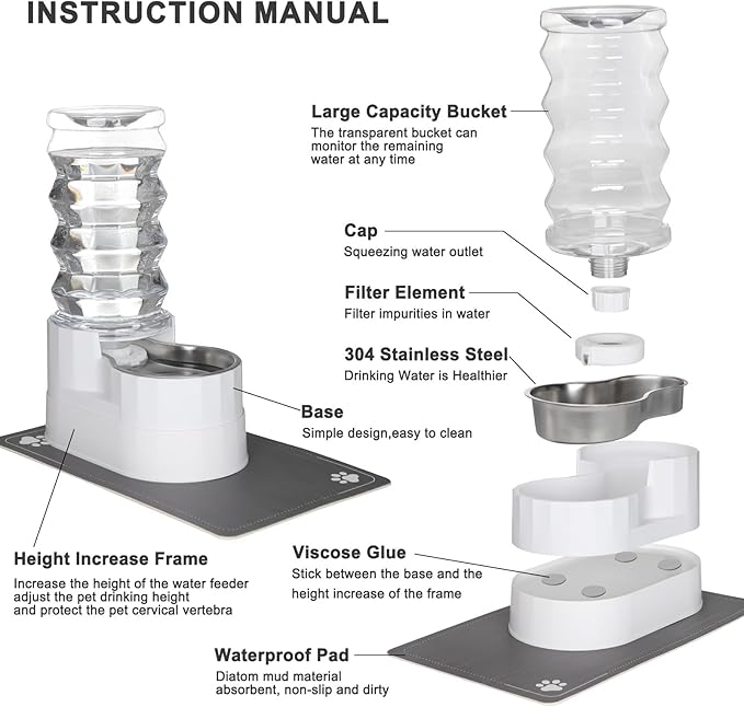 Sfozstra Large Dog Water Dispenser: 8L Automatic Stainless Steel White Water Feeder with Waterproof Pad - Raised Edge Water Dispenser for Dogs &amp; Cats Easy Clean