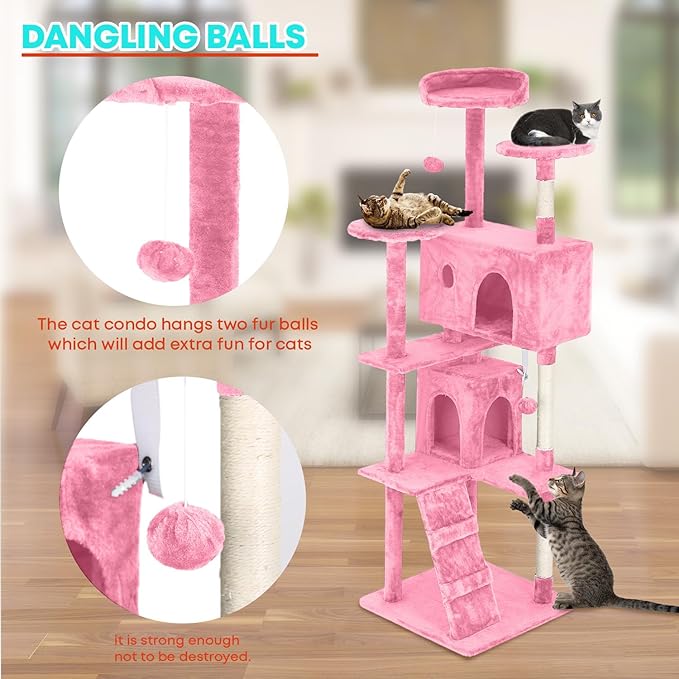 FDW Cat Tree 70in Cat Tower Multi-Level Durable Cat Scratching Post &amp; Cozy Fun Cat Jumping Platform Space Saving Cat Condo Pet Play House for Indoor Cats,Pink