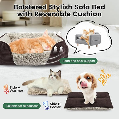 Miguel Washable Cat Beds for Indoor Cats, Easy to Wash Small Pet Sofa with Removable Cushion, Rectangle Bolster Kitten Bed with Anti-Slip Bottom, Brown 18 Inch