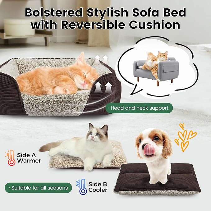 Miguel Washable Dog &amp; Cat Bed with Removable Cushion for Medium &amp; Small Dogs, Easy to Wash Pet Sofa Bed with Side Bolster, Anti-Slip Bottom, Brown, 30 Inch Rectangle
