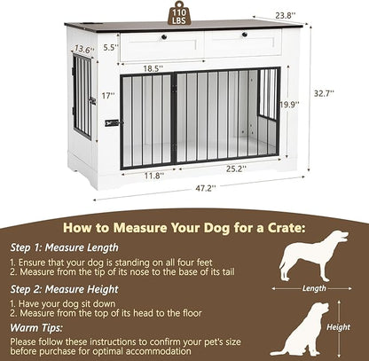 Large Dog Crate Furniture-Decorative Heavy Duty Dog Cage Indoor, Wooden Dog Cage End Table with Charging Station, Dog House with 2 Drawers (White, 47.2&