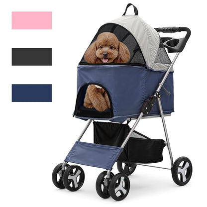 Magshion Foldable Pet Stroller, 3-in-1 Dog Travel Jogger with Detachable Carrier, Cup Holder, Storage Basket, Folding Carrier for Small/Medium Dogs &amp; Cats Up to 33 lbs, Navy Blue