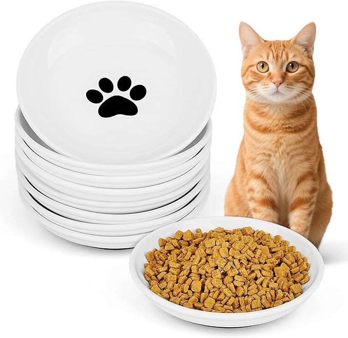 Ceramic Cat Food Bowls - 8 Pack Shallow Plates for Wet Food, Whisker-Friendly Feeding Dish with Non-Slip Silicone Base, Microwave &amp; Dishwasher Safe for Indoor Cats &amp; Kittens