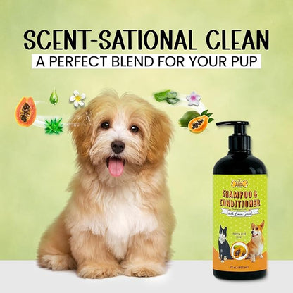 POM Pets 2-in-1 Organic Dog Shampoo &amp; Conditioner – Itchy Skin Relief, Dog Deshedding, Detangles Fur, Cat Shampoo, Paw Cleaner for Dogs, Natural Coat Defense Formula