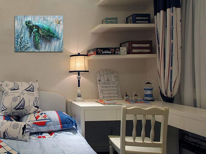 Arjun Bathroom Decor Blue Wall Art Canvas Green Sea Turtle Teal Submarine Picture, Blue Modern Landscape Painting Framed for Living Room Bedroom Home Office Wall Decor, 16"x12"