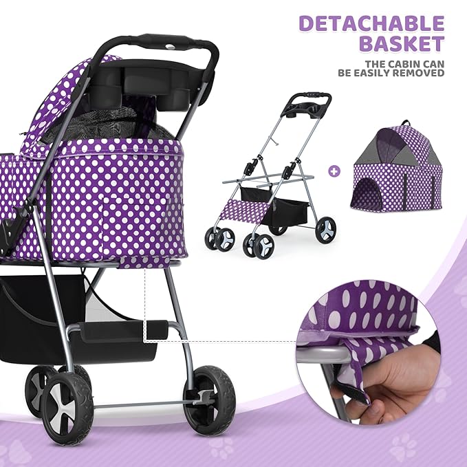 Magshion Foldable Pet Stroller, 3-in-1 Dog Travel Jogger with Detachable Carrier, Cup Holder, Storage Basket, Folding Carrier for Small/Medium Dogs &amp; Cats Up to 33 lbs, Purple Polka Dots