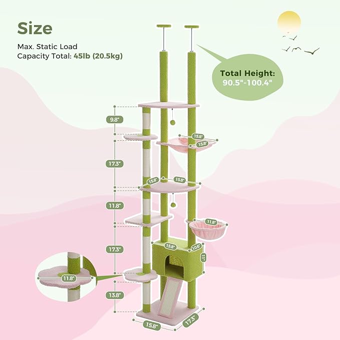PEQULTI Tall Cat Tree Floor to Ceiling Cat Tower Adjustable Height (90.5&