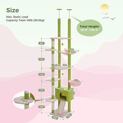 PEQULTI Tall Cat Tree Floor to Ceiling Cat Tower Adjustable Height (90.5&
