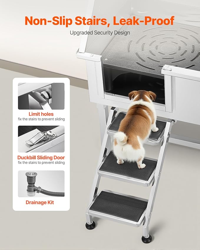 VEVOR Stainless Steel Dog Washing Station, 38 inch Pet Grooming Tub w/Storage Stairs, Faucet &amp; Showerhead &amp; Soap Holder Dog Bathtub for Medium &amp; Small Pets (Left Door)