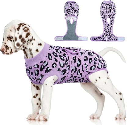 FUAMEY Recovery Suit for Dogs After Surgery,Soft Breathable Dog Bodysuit E-Collar &amp; Cone Alternative Surgical Suit,Male Female Dog Neuter Spay Suits Anti Licking Wounds Onesie Purple Leopard S
