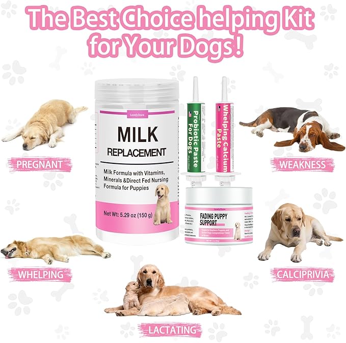 4 in 1 Whelping Kit for Dogs - Whelping Calcium Paste, Probiotic Paste, Fading Puppy Support &amp; Puppy Milk Replacer - Essential Dog Whelping Supplies for Safe Delivery, Strong Puppies &amp; Nursing Support