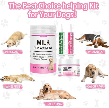 4 in 1 Whelping Kit for Dogs - Whelping Calcium Paste, Probiotic Paste, Fading Puppy Support &amp; Puppy Milk Replacer - Essential Dog Whelping Supplies for Safe Delivery, Strong Puppies &amp; Nursing Support