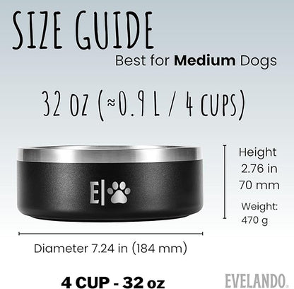 EVELANDO® Premium Dog Food Bowl 32 oz Stainless Steel 4 Cups Small Medium Dog Bowls Non Slip &amp; BPA-Free S M L Pet Water Bowl Platos para Perros Indoor Outdoor Pet Dish Feeder Water and Food Dish