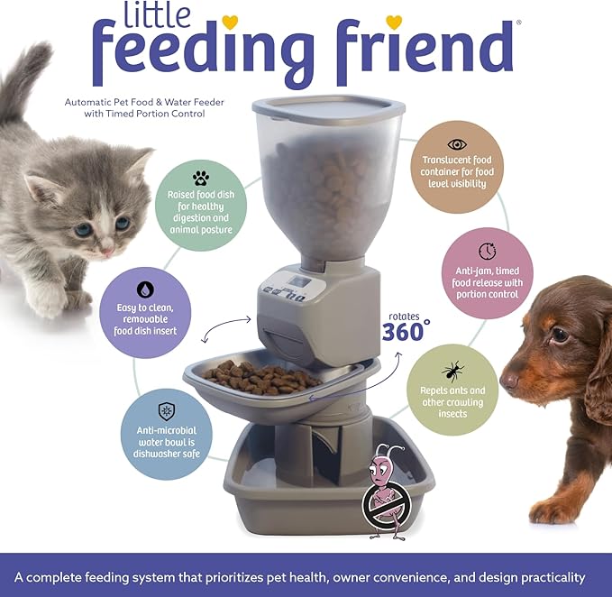 Automatic Dog &amp; Cat Food Feeder with Water Dispenser – Smart Pet Feeder with Portion Control, OLED Display, Anti Jam Design, Battery Operated Dispenser for Small Pets - Taupe