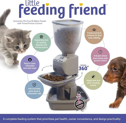 Automatic Dog &amp; Cat Food Feeder with Water Dispenser – Smart Pet Feeder with Portion Control, OLED Display, Anti Jam Design, Battery Operated Dispenser for Small Pets - Taupe