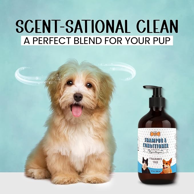 POM Pets 2-in-1 Organic Dog Shampoo &amp; Conditioner – Itchy Skin Relief, Dog Deshedding, Detangles Fur, Cat Shampoo, Paw Cleaner for Dogs, Natural Coat Defense Formula